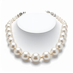 Fototapeta premium Elegant Cream Pearl Necklace Displayed on a White Pedestal Backdrop