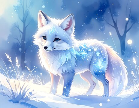 wei&szlig;er Polarfuchs mit glitzerndem Fell in einer Winterlandschaft mit Schnee