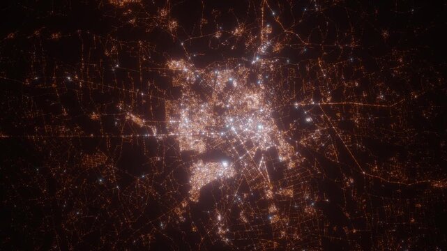 Marrakesh (Morocco) aerial view at night. Top view on modern city with glow effect. Camera is zooming out, rotating counterclockwise