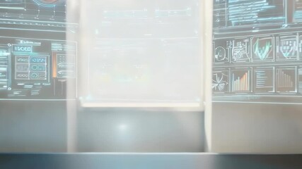 Futuristic office interior with glowing screens above a modern desk - Powered by Adobe