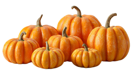 A group of various sized pumpkins arranged together against a black background in a studio setting