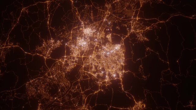 Gwangju (South Korea) aerial view at night. Top view on modern city with street lights. Camera is zooming out, rotating clockwise