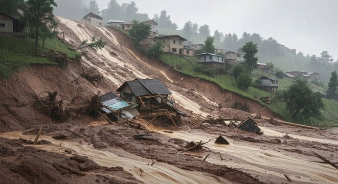A devastating landslide has swept through a village, destroying homes and leaving a trail of mud and debris.