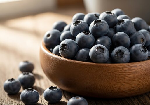 Wooden bowl brimming with fresh blueberries on rustic wooden surface