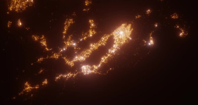 Bay Area (California, USA) top view at night. Aerial view on modern city from space. Camera is flying above the city, moving forward. Vertical video. The north is on the left side