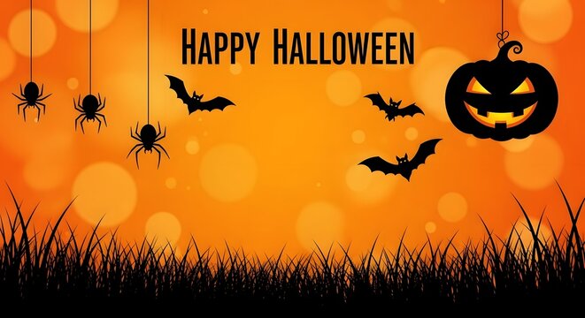Happy halloween background with spiders, bats, and pumpkin