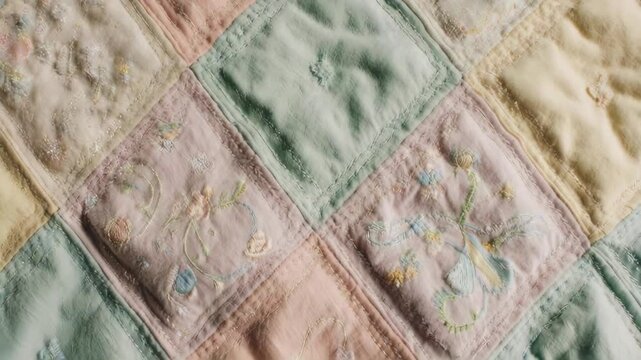 Close-up of a pastel, quilted patchwork fabric, intricate designs