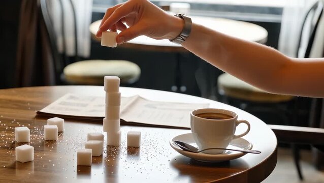 Stacking Sugar Cubes Next to a Coffee Cup in a Cozy Cafe Setting