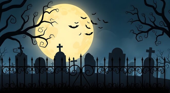 Halloween graveyard with tombstones and bats under a large moon