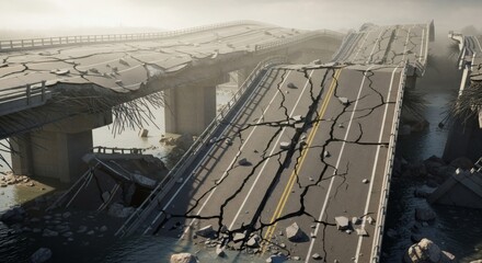 Apocalyptic scene of a collapsed bridge with cracked asphalt and debris.