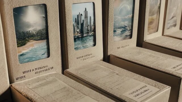 Rows of rectangular boxes displaying scenic images, with text on front