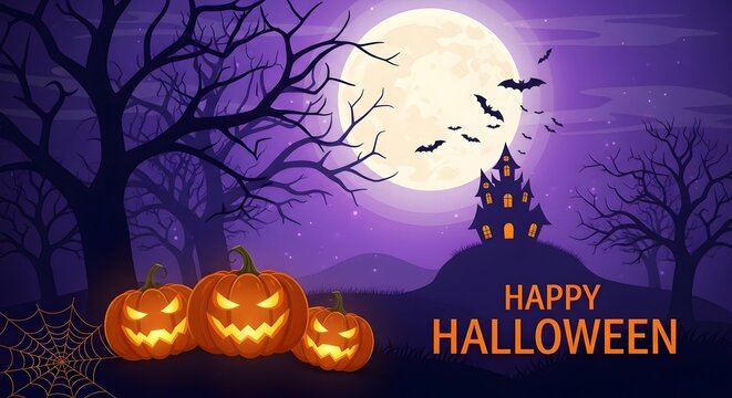 Happy halloween haunted house and pumpkins under a full moon