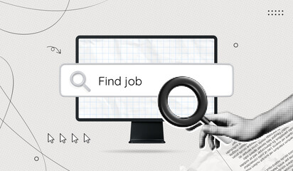 Trendy Halftone Collage Computer Monitor and Hand holds Magnifying glass. Search for information on internet. Find job online. Hr looking for employees. Contemporary vector illustration art