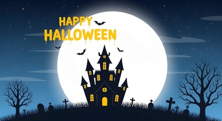 Happy halloween haunted castle silhouette against a large full moon