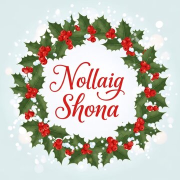 Holly wreath with red berries and the text Nollaig Shona. Festive holiday decoration for Christmas and New Year greeting card.