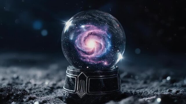 Crystal ball holds a galaxy, resting on a detailed black base against a dark backdrop