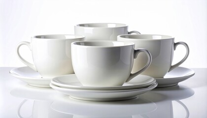 Obraz premium Arrangement of White Ceramic Coffee Cups and Saucers on Glossy Surface