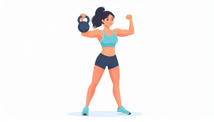 A strong cartoon woman in athletic wear holding a kettlebell and flexing her bicep.