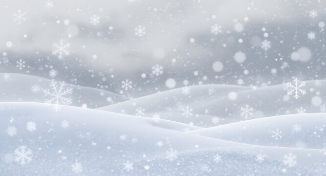 A serene winter scene with soft snow-covered hills and falling snowflakes under a pale cloudy sky, evoking calm and quiet beauty in a snowy wonderland.