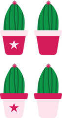 Set of Four Stylized Cactus Plants in Decorative Pink Pots with Star Pattern