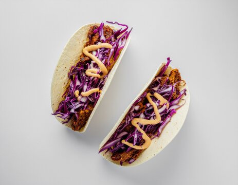 Two delicious Mexican street tacos with a savory filling, vibrant red cabbage slaw, and a creamy sauce drizzle, isolated on a clean white background