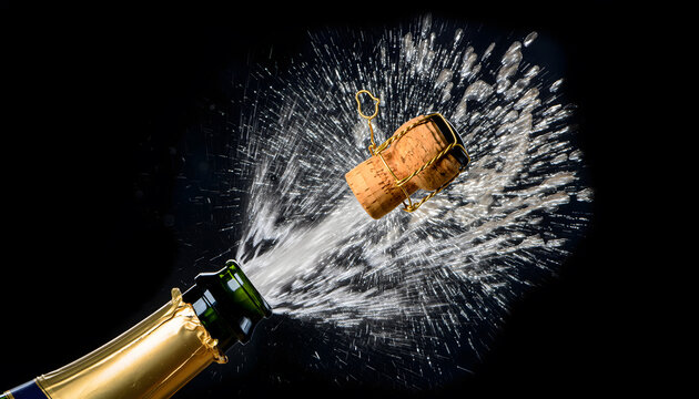 Dynamic close-up of a champagne bottle popping open, with cork and sparkling spray captured mid-air against a black background-symbolizing celebration and joy. - Powered by Adobe