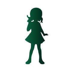 Dark green silhouette of a young girl with pigtails posing against a white background.