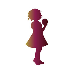 A colorful gradient silhouette of a young girl in a dress holding an apple.