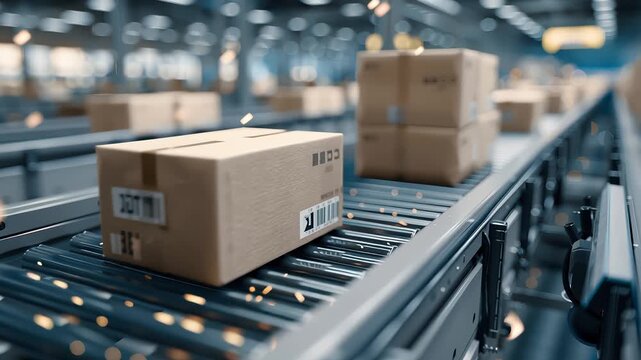 Boxes moving along a conveyor belt in a modern warehouse, showcasing the packaging process with a dynamic camera zooming in on details