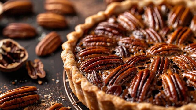 Tasty pecan pie with golden crust on table, close-up