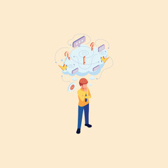 Isometric Person Thinking with Abstract Thought Bubble Containing Question Marks