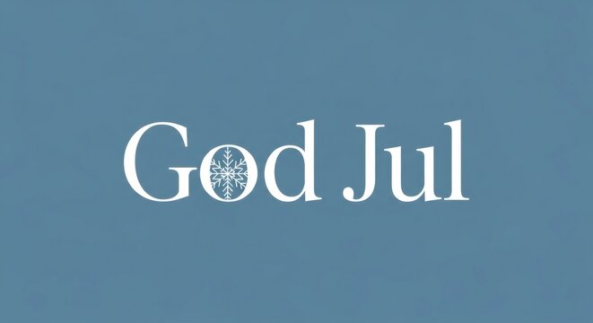 God Jul holiday greeting text with snowflake replacing letter o on blue background, festive wish for Christmas