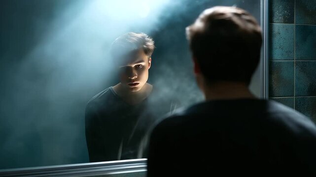 Faceless player’s reflection visible in a half-fogged mirror, ambiguous emotion — between regret and determination, with copy space