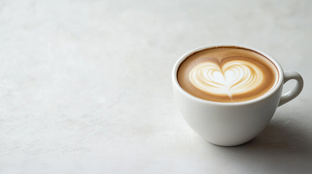Perfect latte art with a heart design in a white cup on a light background during a cozy coffee moment