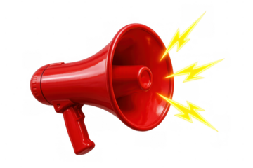 Red megaphone broadcasting important message with lightning bolts, announcing alert, marketing promotion, and communication concept on transparent background