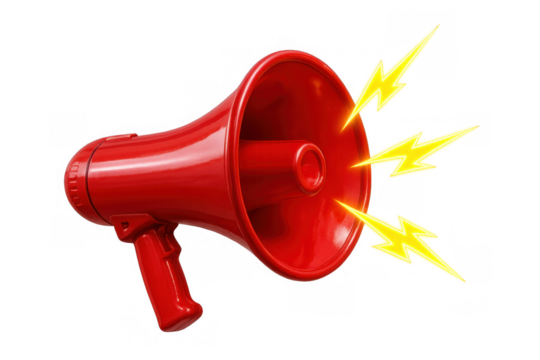 Red megaphone broadcasting important message with lightning bolts, announcing alert, marketing promotion, and communication concept on transparent background