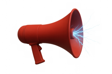 Red megaphone amplifying power with blue lightning, making a loud alert or urgent communication, transparent background