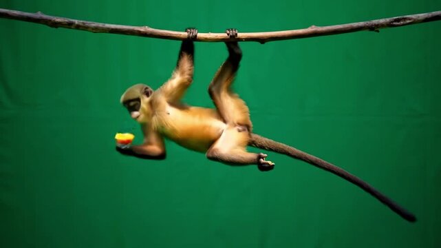 Agile monkey with a long tail eats fruit on a branch.