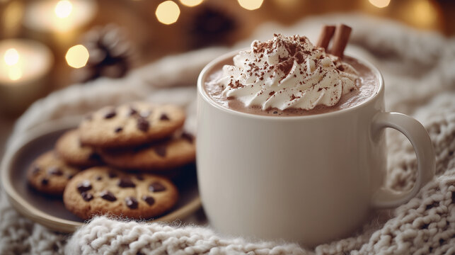 Warm hot chocolate with whipped cream and cookies beside it during cozy winter evening