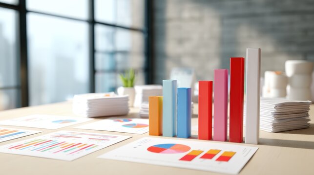 Colorful Chart Display on Table in Modern Office with Natural Light and Urban Background for Business Analysis and Statistics Presentation