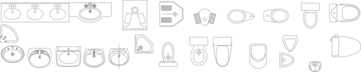 Line art vector set of bathroom fixtures showing top views (plan view), including sinks, toilets, and shower bases for architectural layouts. © Riki