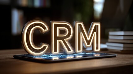 Neon illuminated CRM letters on a tablet representing modern technology, business strategy, and customer relationship management in a professional environment
