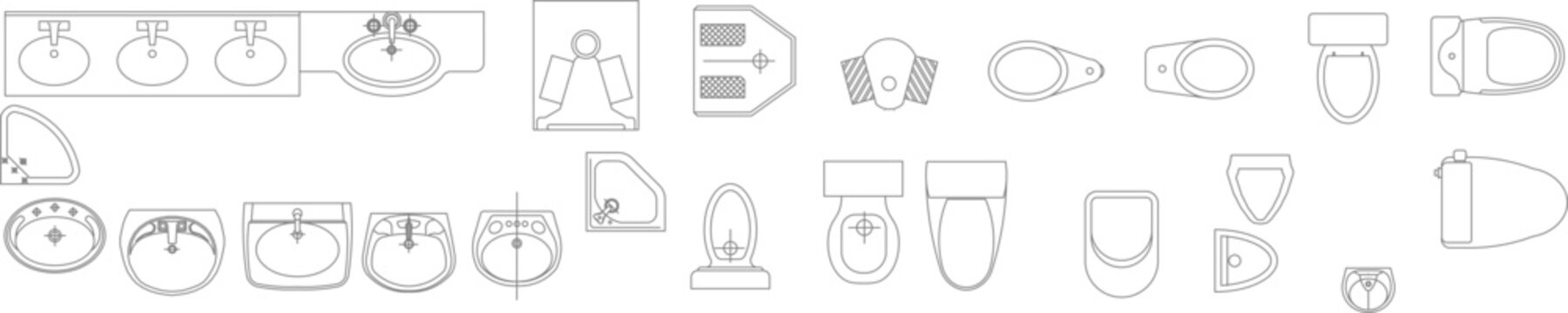 Line art vector set of bathroom fixtures showing top views (plan view), including sinks, toilets, and shower bases for architectural layouts.