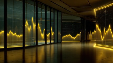 Modern office interior with dynamic financial graph display and illuminated data visualization on walls enhancing the technological atmosphere of the space