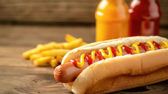 Close-up of hot dog with mustard and ketchup, fries, condiments