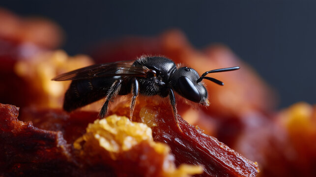 Extreme macro shot of a stingless bee perched at the entrance of a dark amber-colored propolis hive. The bee&acirc;s glossy black exoskeleton, delicate wings, and antennae are captured i