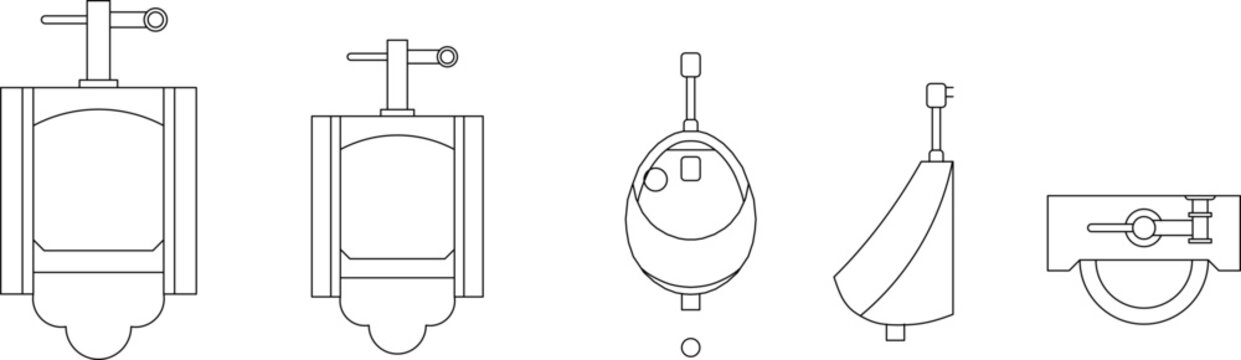 Line art vector set of different styles of urinals (urinoar), showing frontal, side, and top views for architectural design.