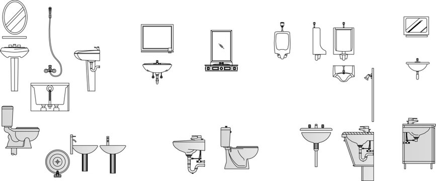 Simple line art vector of common bathroom and toilet fixtures, including sinks, mirrors, toilets, and urinals.