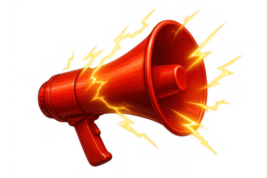 Red bullhorn announcing urgent news, spreading important information and reaching a large audience fast, transparent background