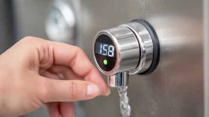 Close-up of a hand adjusting a modern digital water temperature control dial on a stainless steel appliance in a contemporary kitchen setting